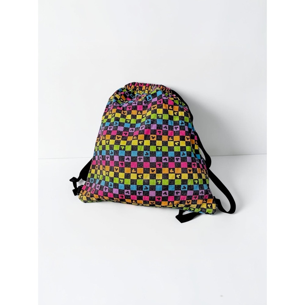 Disney Parks Drawstring Cinch Backpack Rainbow Multicolor Mickey Checkered